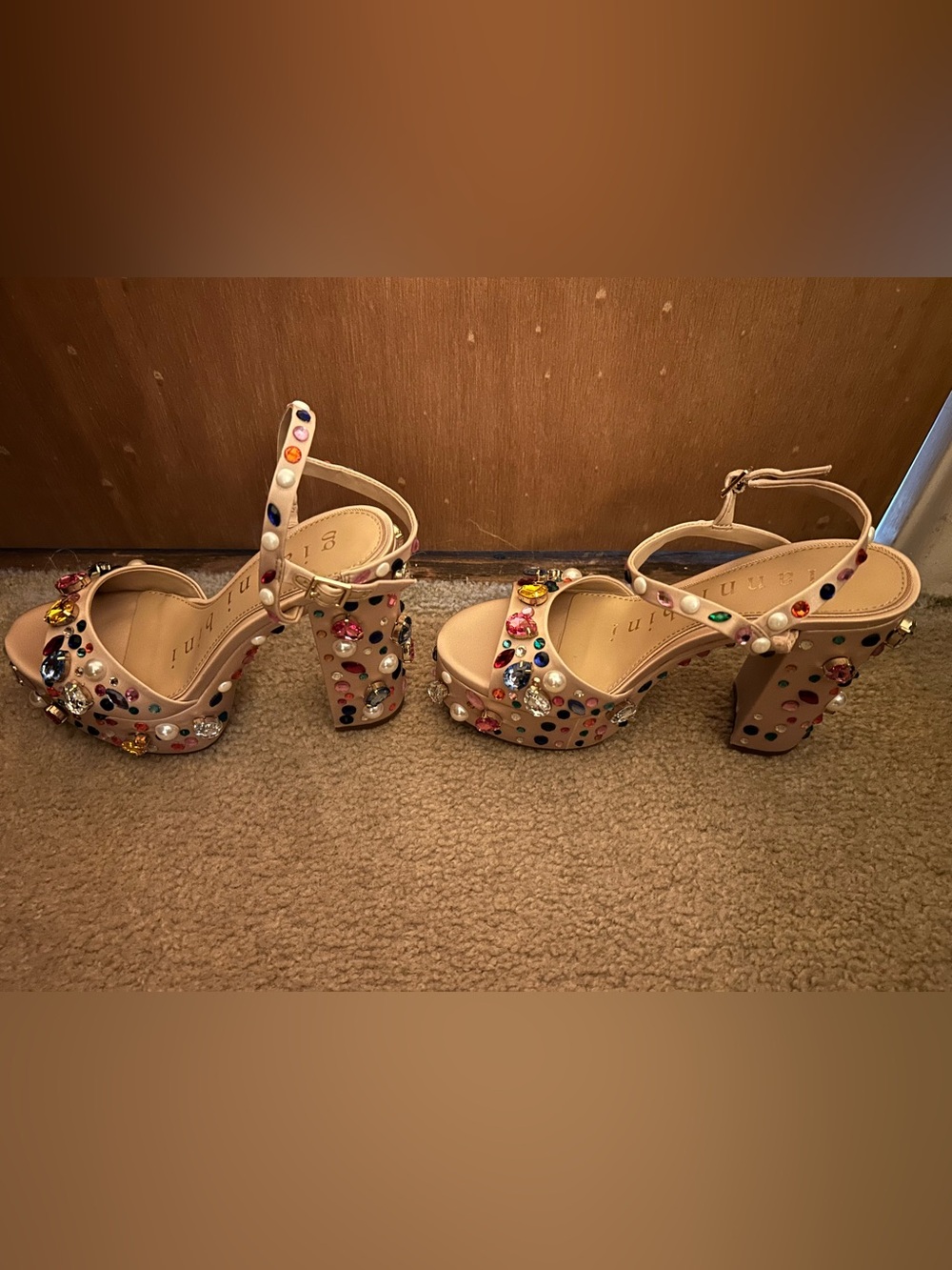 Gianni Bini Nude Platform Heels with Multicolored Gems - Picture 7 of 7